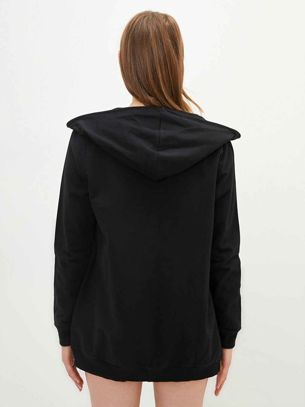 Siyah Kapüşonlu Düz Uzun Kollu Kadın Hırka-4