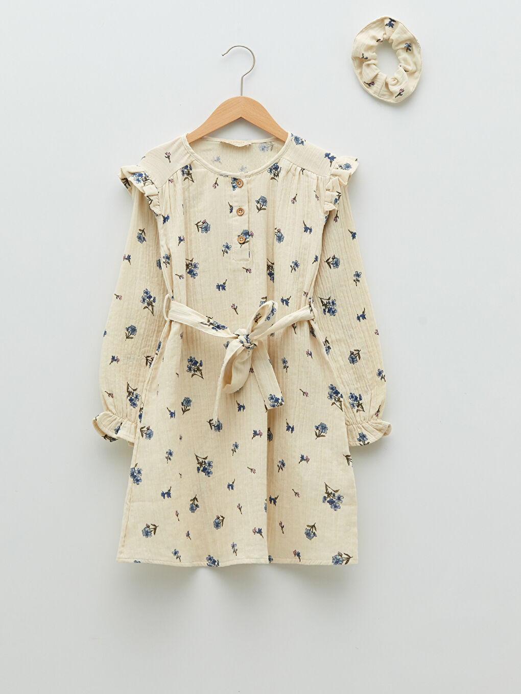 Robe Fille Imprimée à Manches Longues en Popeline avec Col Rond et Boucle-1