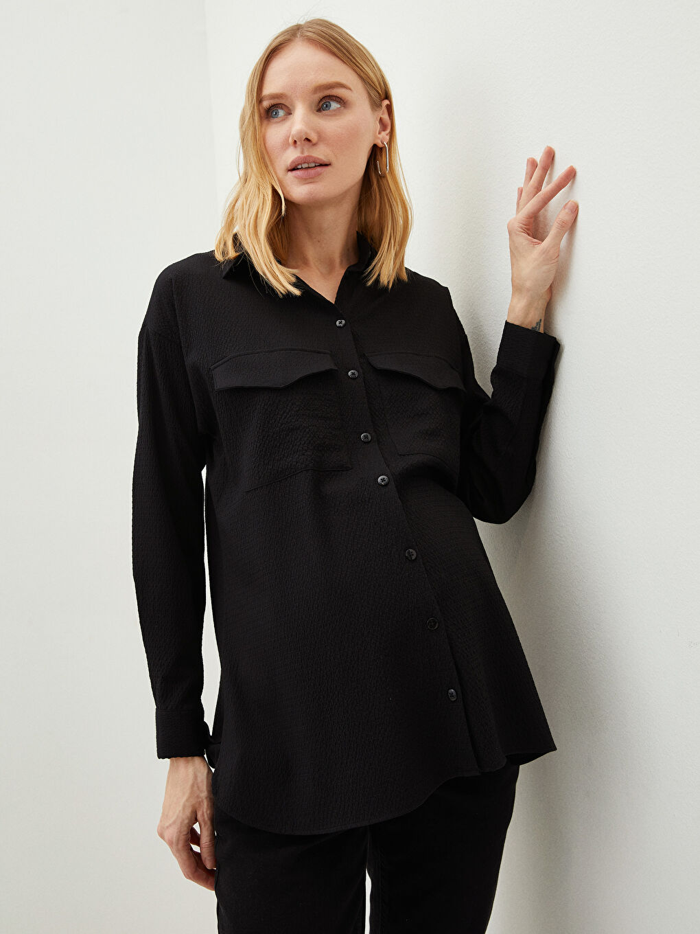 Buttoned Regular Long Sleeve Poplin Maternity Shirt-1