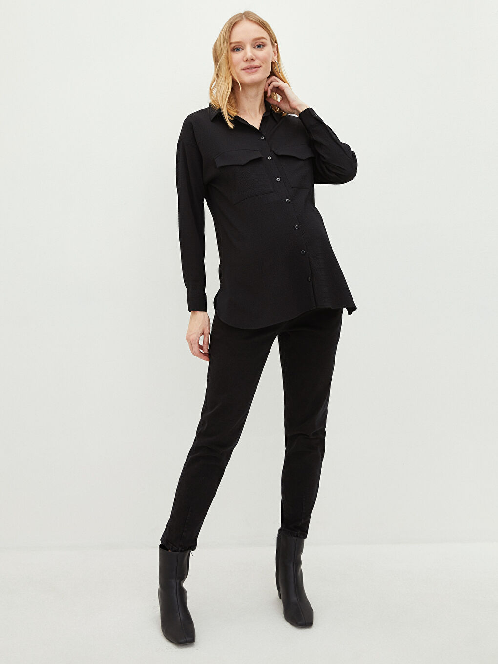 Buttoned Regular Long Sleeve Poplin Maternity Shirt-2