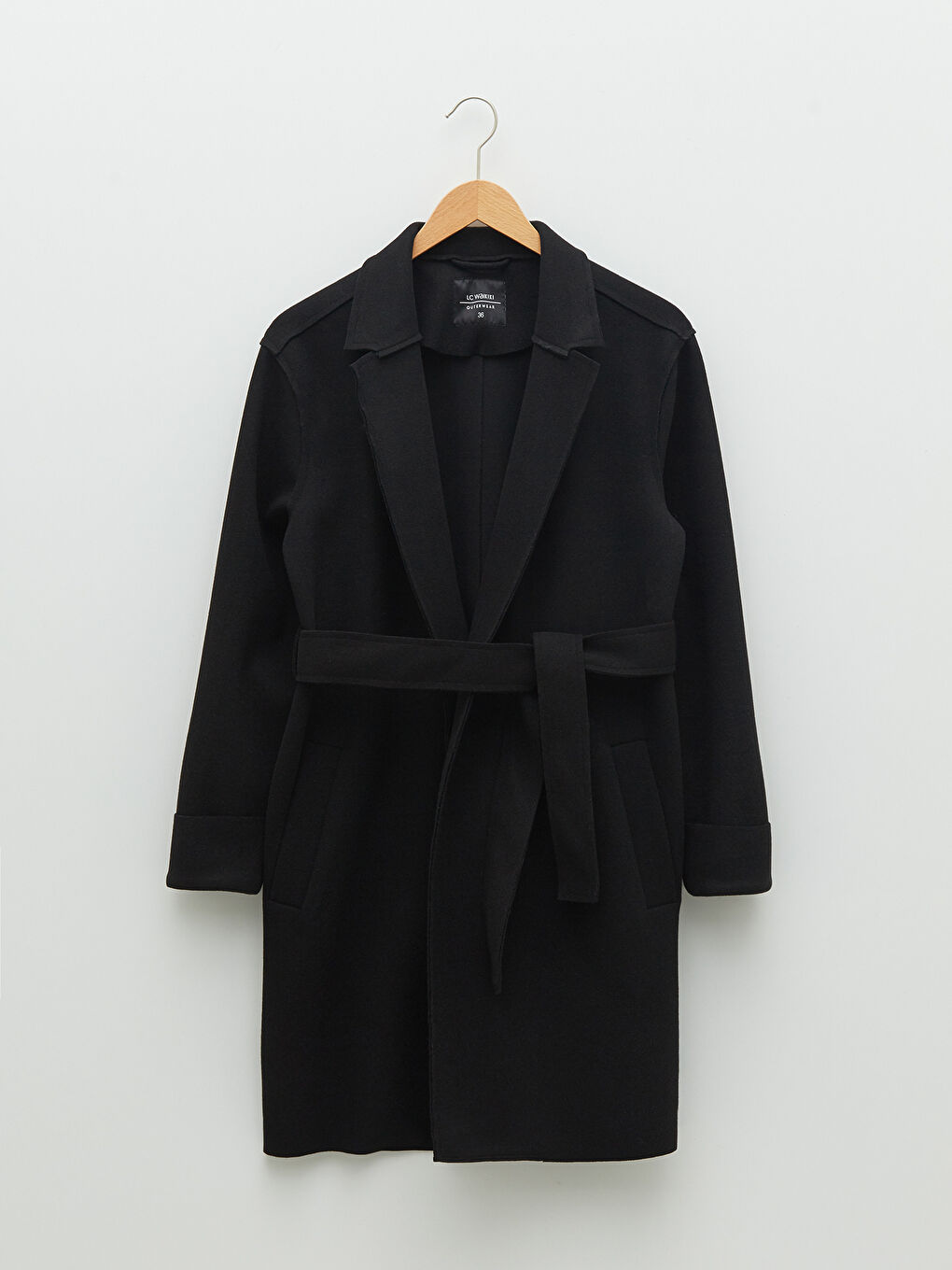 Siyah Ceket Yaka Düz Uzun Kollu Cep Detaylı Kadın Kaşe Kaban-6