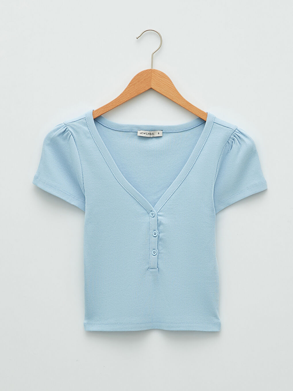Mavi V Yaka Düz Kısa Kollu Pamuklu Kadın Tişört-5