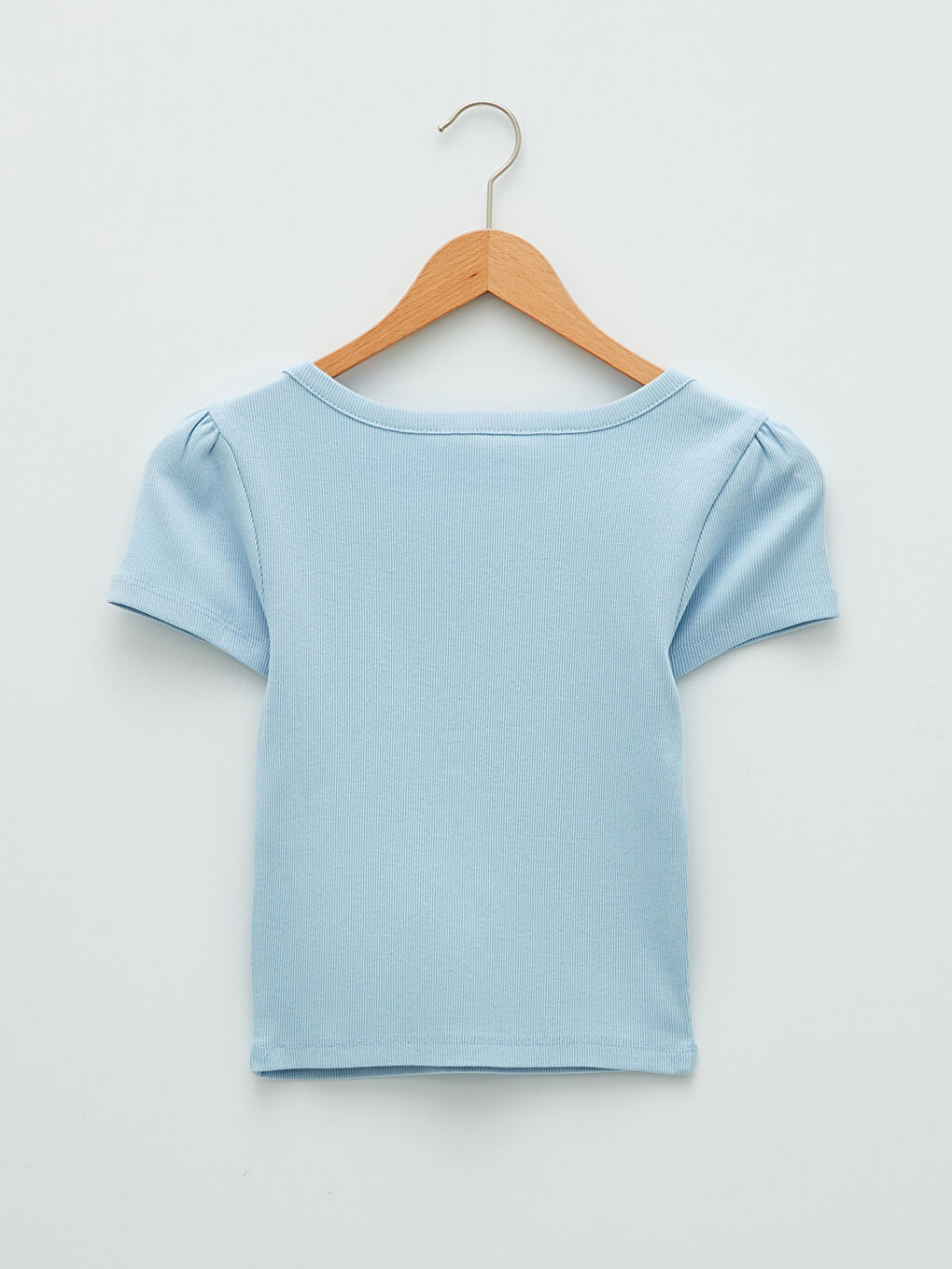 Mavi V Yaka Düz Kısa Kollu Pamuklu Kadın Tişört-6