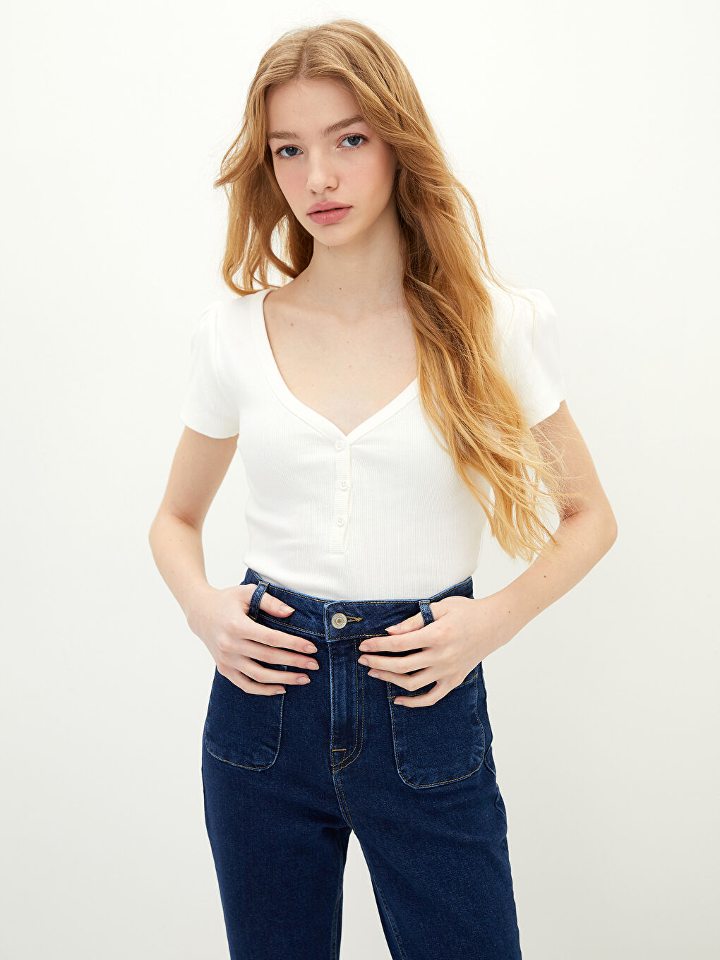 V-neck Straight Short Sleeve Cotton Women's T-Shirt-1