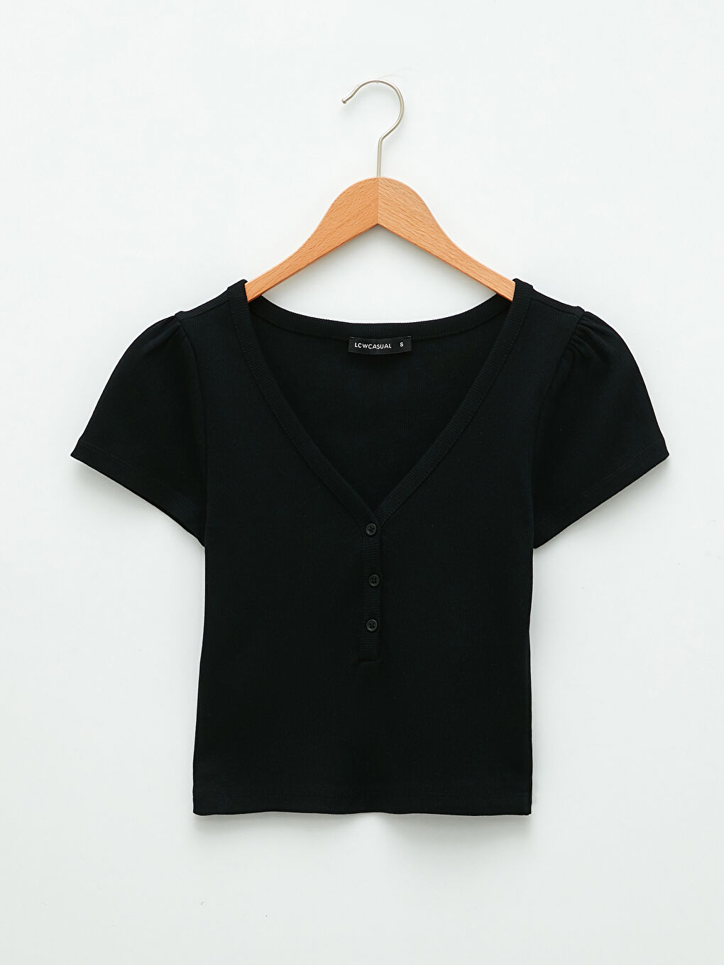 Siyah V Yaka Düz Kısa Kollu Pamuklu Kadın Tişört-5