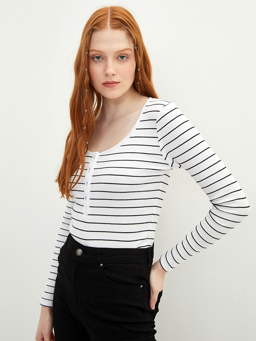 Damen U-Ausschnitt Gestreiftes Langarm T-Shirt