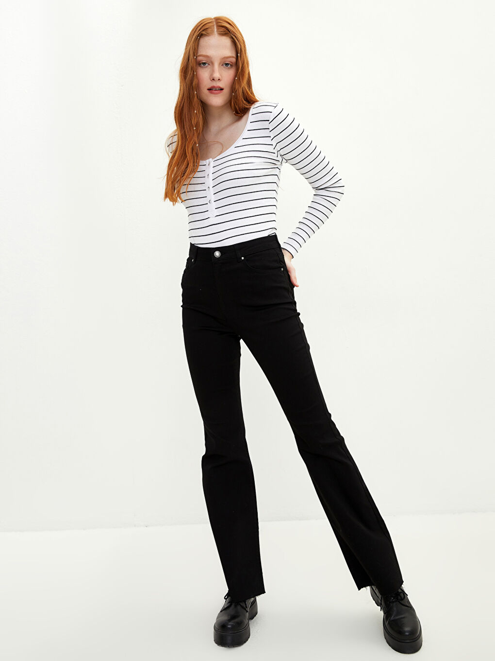 Damen U-Ausschnitt Gestreiftes Langarm T-Shirt-2