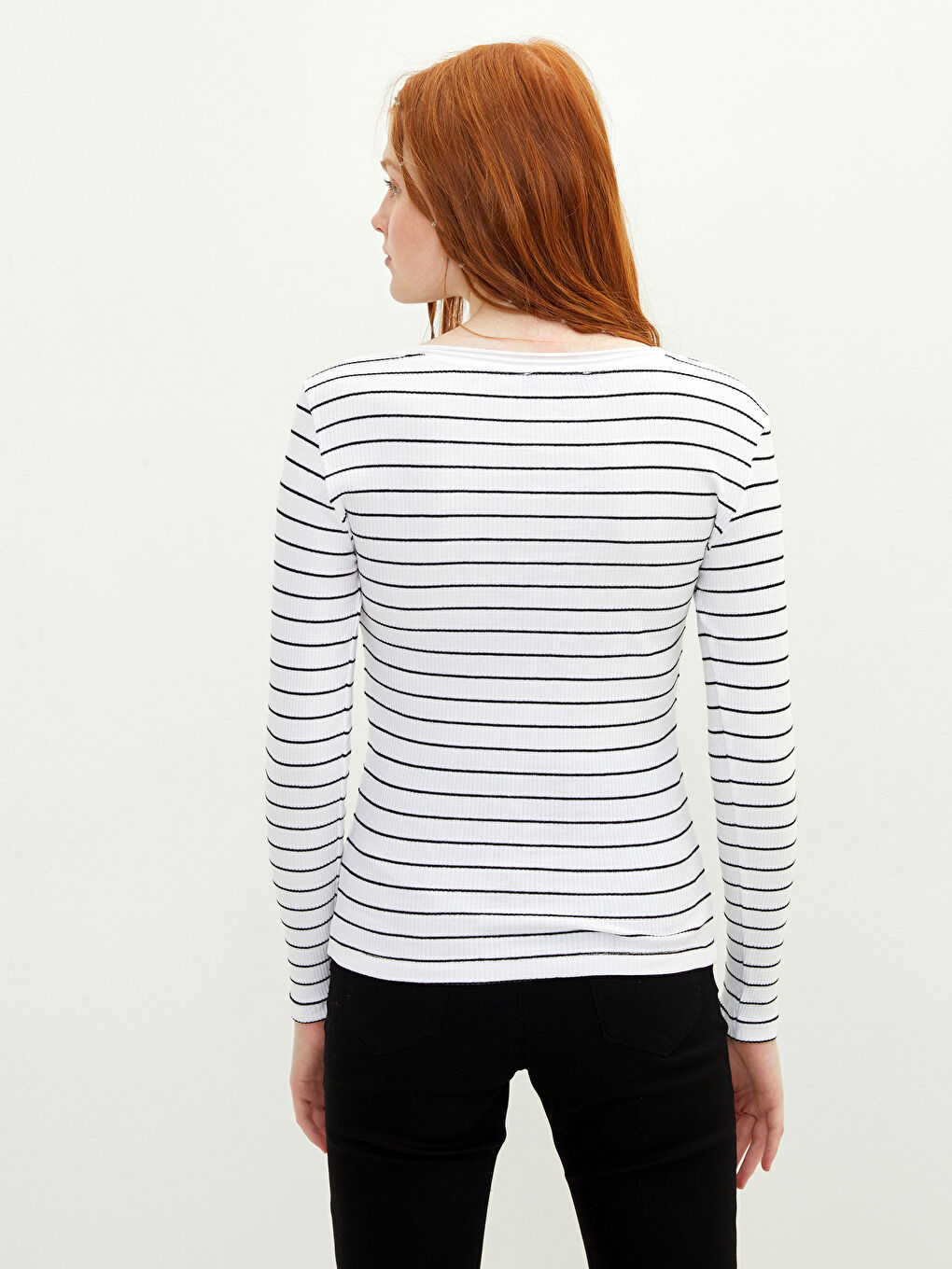 Damen U-Ausschnitt Gestreiftes Langarm T-Shirt-4