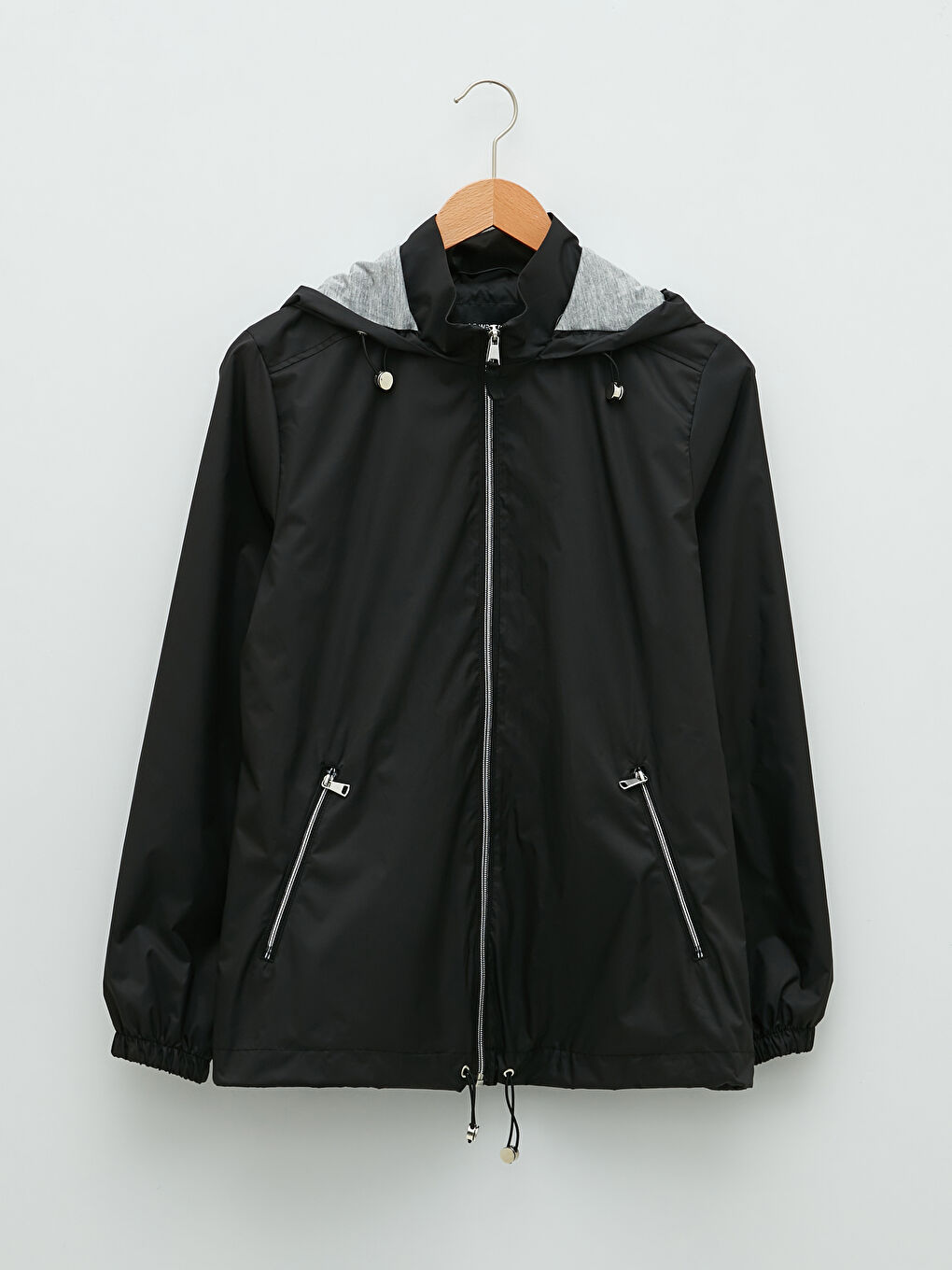 Siyah Kadın Kapüşonlu Düz Yağmurluk-7