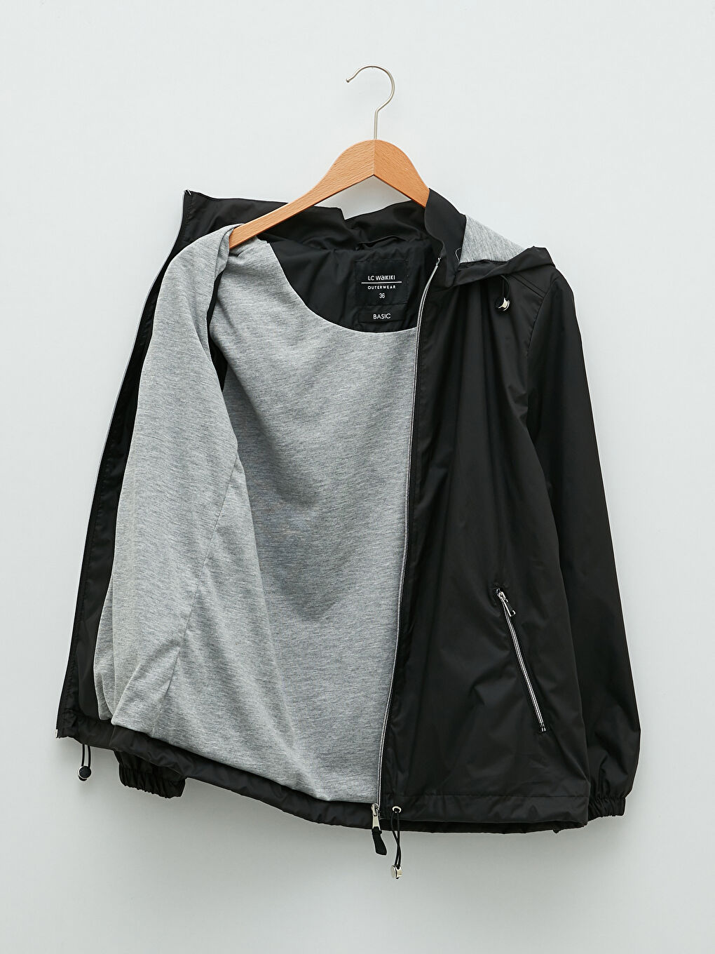 Siyah Kadın Kapüşonlu Düz Yağmurluk-8