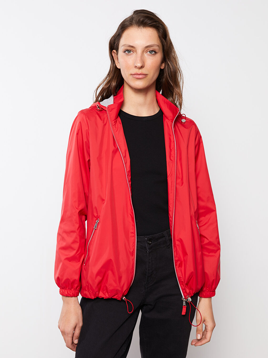 Kırmızı Kadın Kapüşonlu Düz Yağmurluk-1