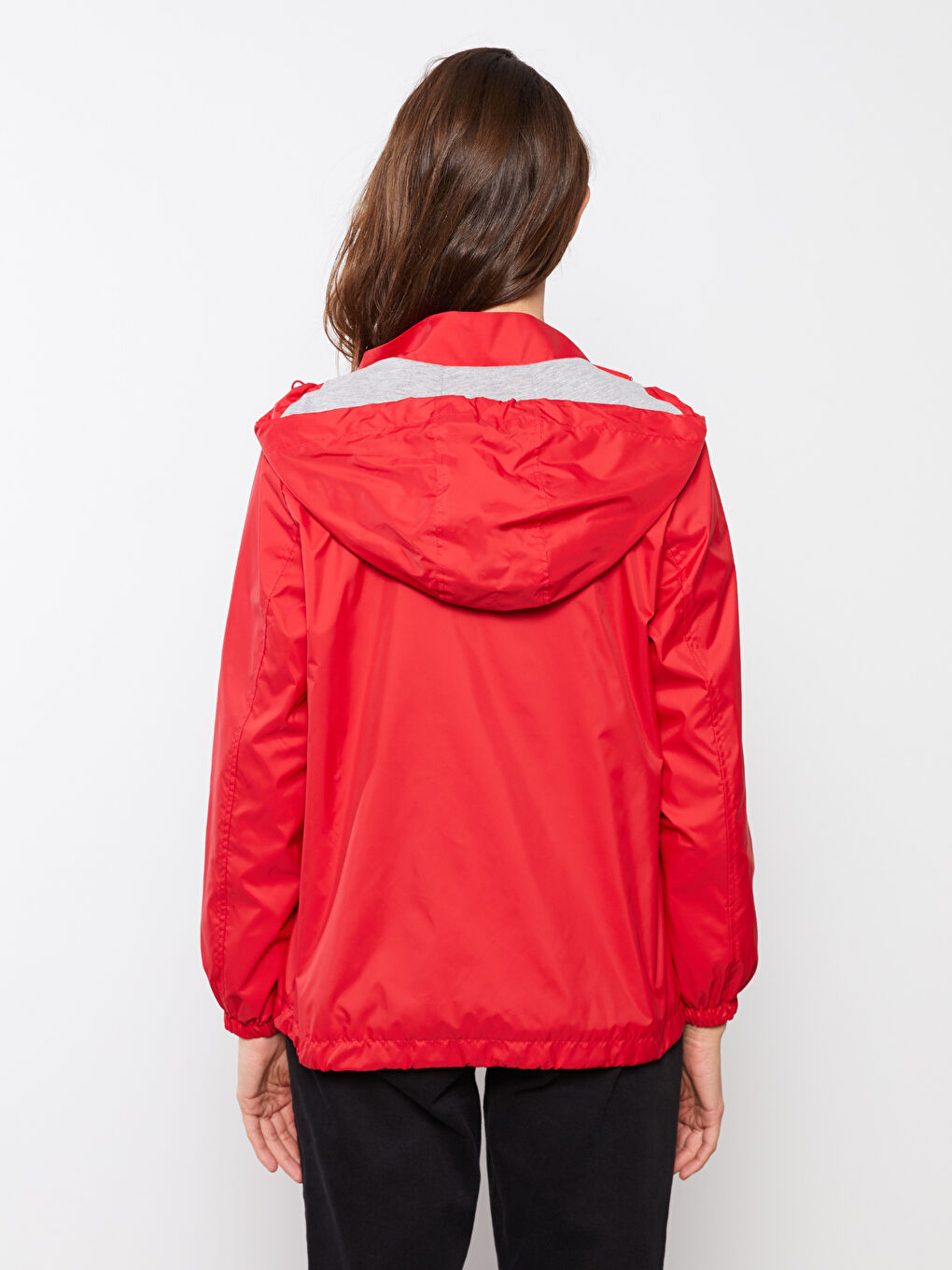 Kırmızı Kadın Kapüşonlu Düz Yağmurluk-4