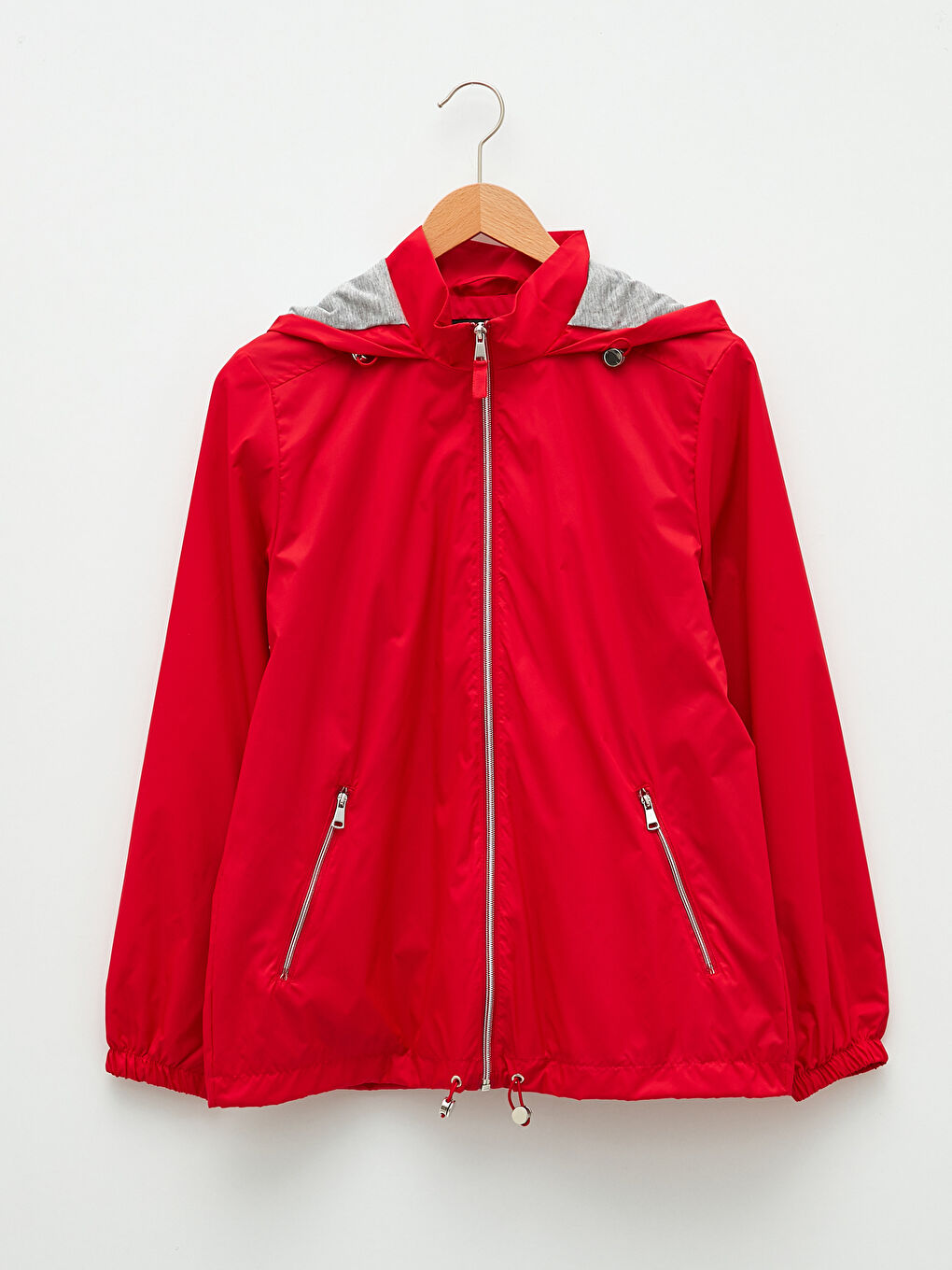 Kırmızı Kadın Kapüşonlu Düz Yağmurluk-5