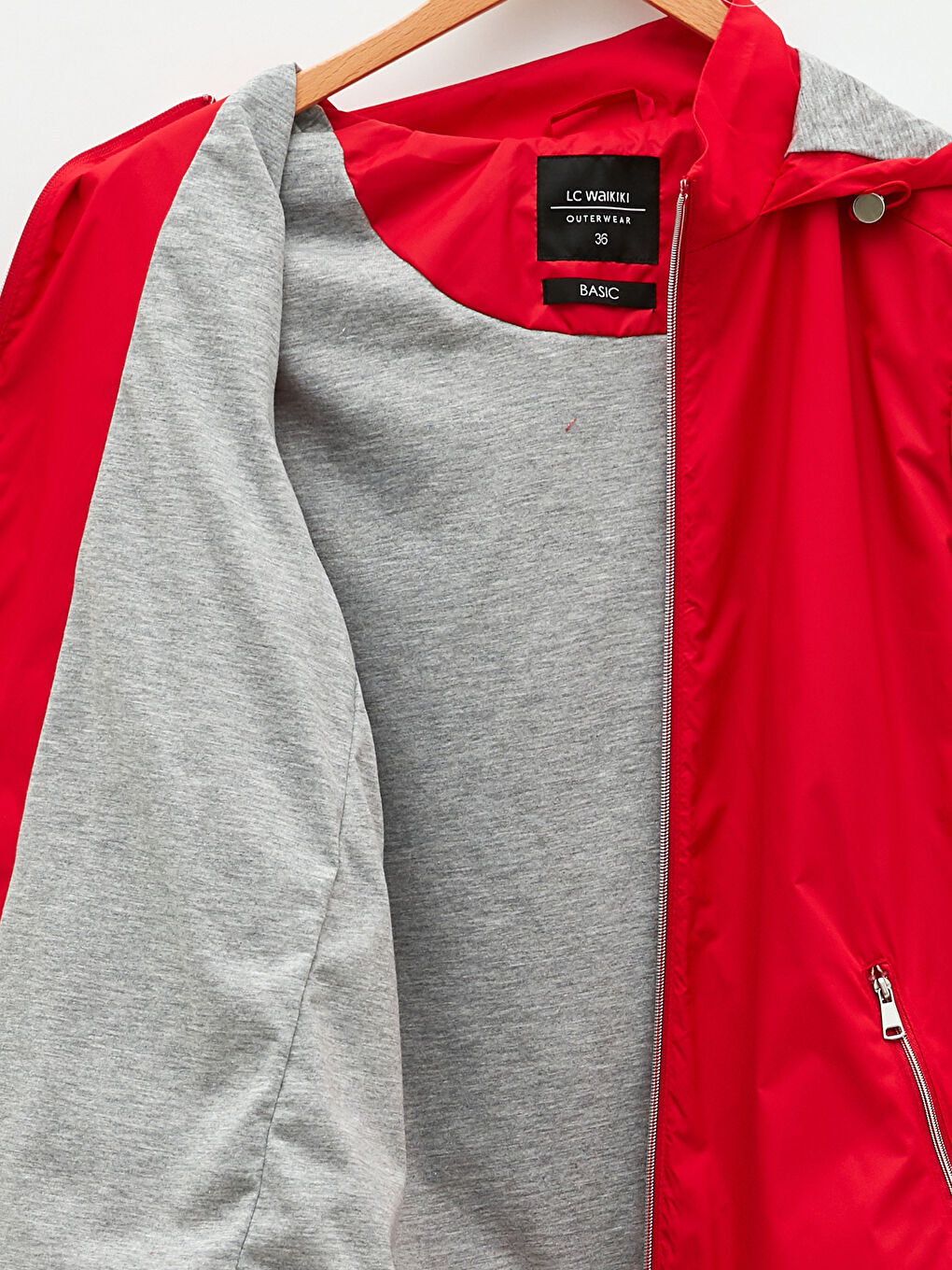 Kırmızı Kadın Kapüşonlu Düz Yağmurluk-7