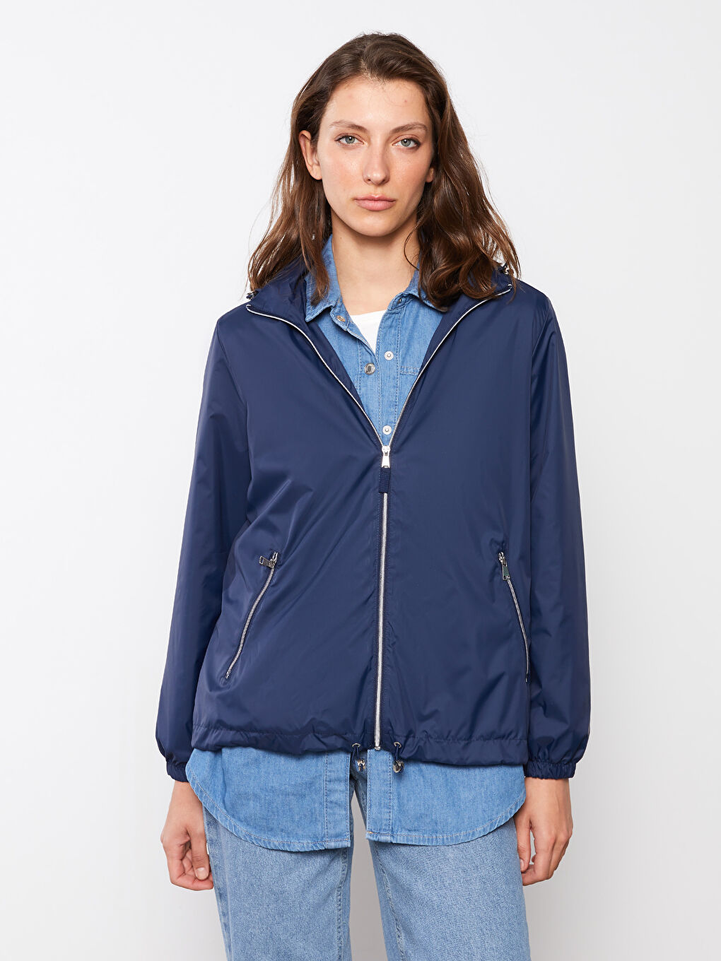 Lacivert Kadın Kapüşonlu Düz Yağmurluk-2