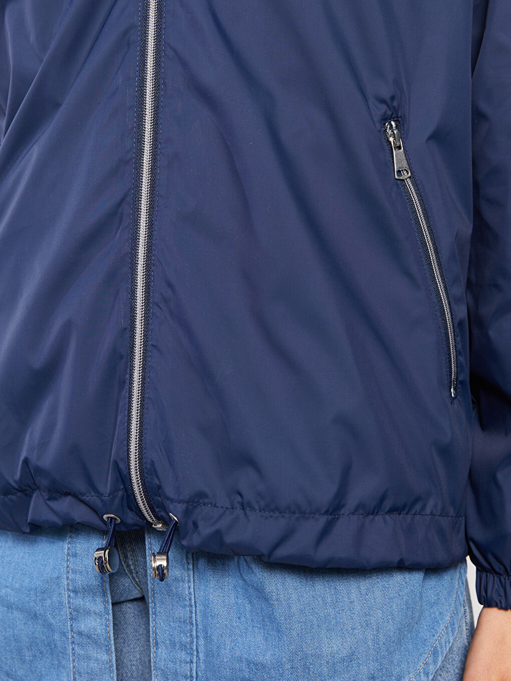 Lacivert Kadın Kapüşonlu Düz Yağmurluk-5