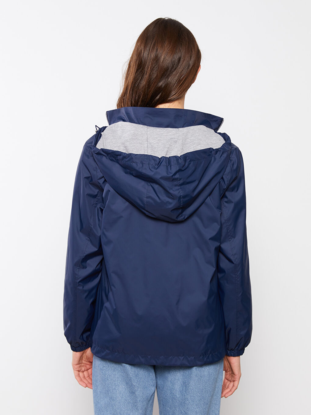 Lacivert Kadın Kapüşonlu Düz Yağmurluk-7