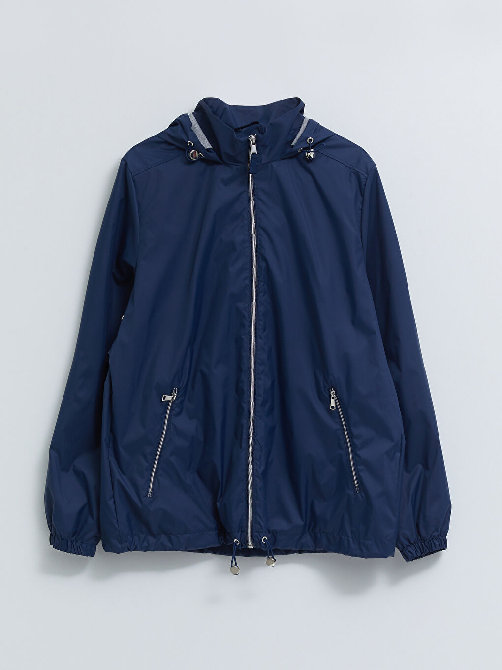 Lacivert Kadın Kapüşonlu Düz Yağmurluk-8