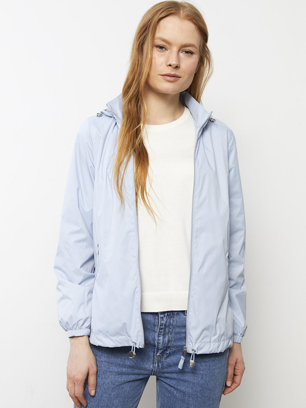 Mavi Kadın Kapüşonlu Düz Yağmurluk-1