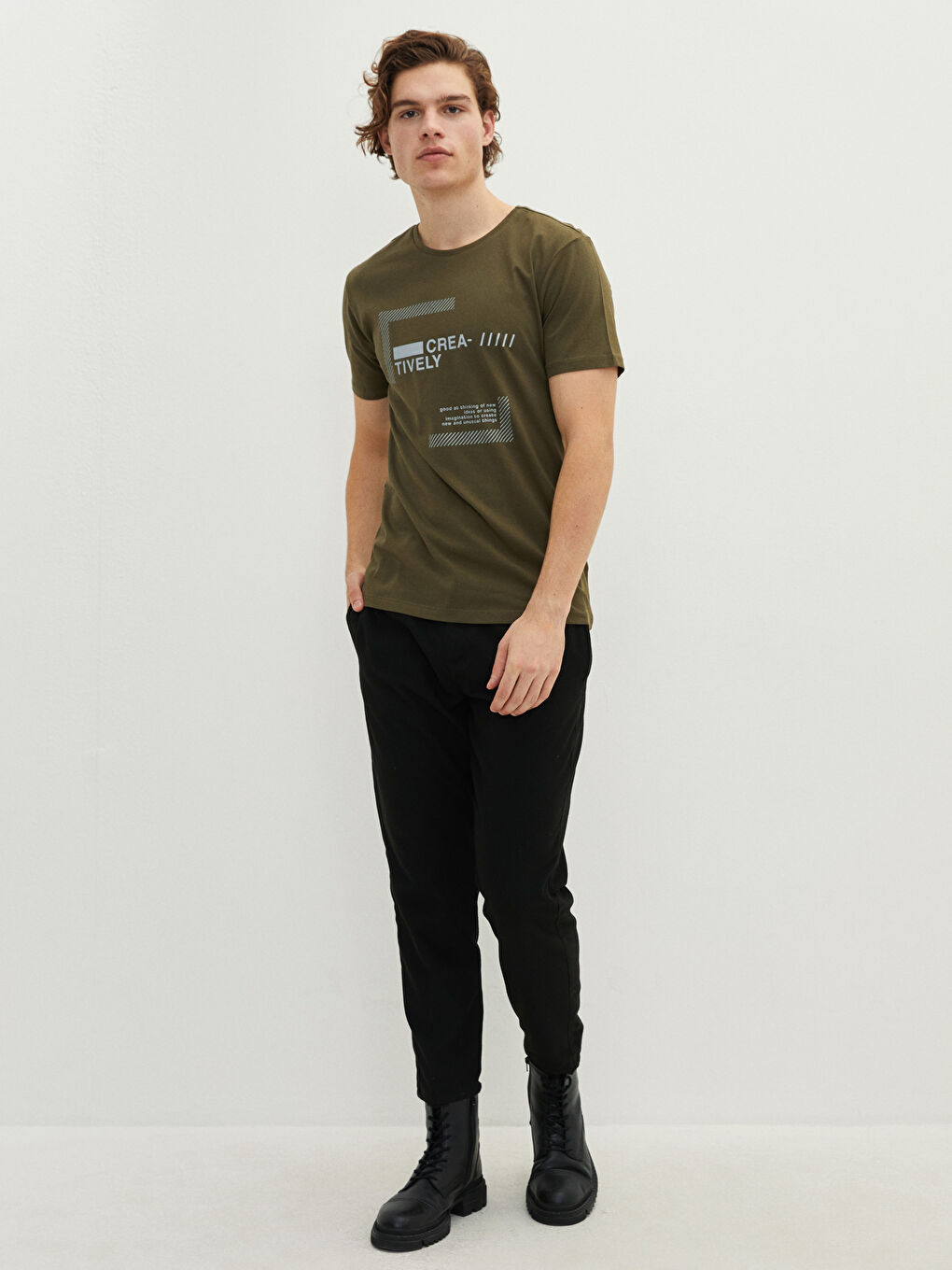 Haki Bisiklet Yaka Kısa Kollu Baskılı Penye Erkek Tişört-2