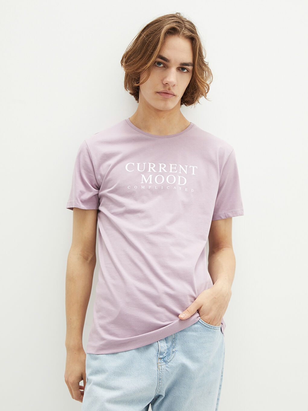 Mor Bisiklet Yaka Kısa Kollu Baskılı Penye Erkek Tişört