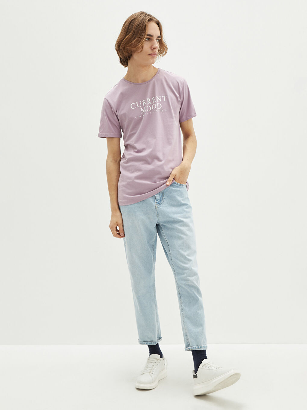 Mor Bisiklet Yaka Kısa Kollu Baskılı Penye Erkek Tişört-2