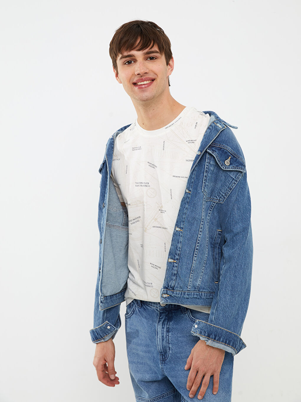 Ekru Bisiklet Yaka Kısa Kollu Baskılı Penye Erkek Tişört-1