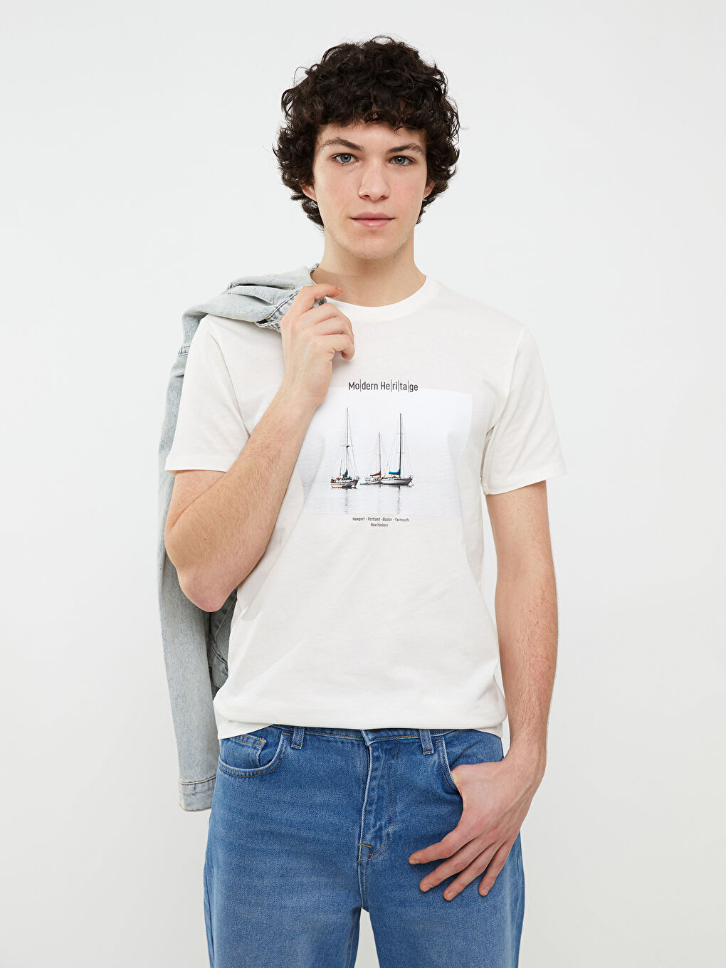 Ekru Bisiklet Yaka Kısa Kollu Baskılı Penye Erkek Tişört