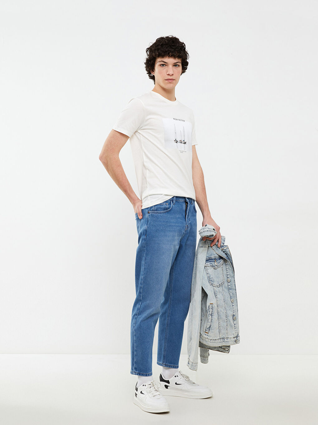 Ekru Bisiklet Yaka Kısa Kollu Baskılı Penye Erkek Tişört-1