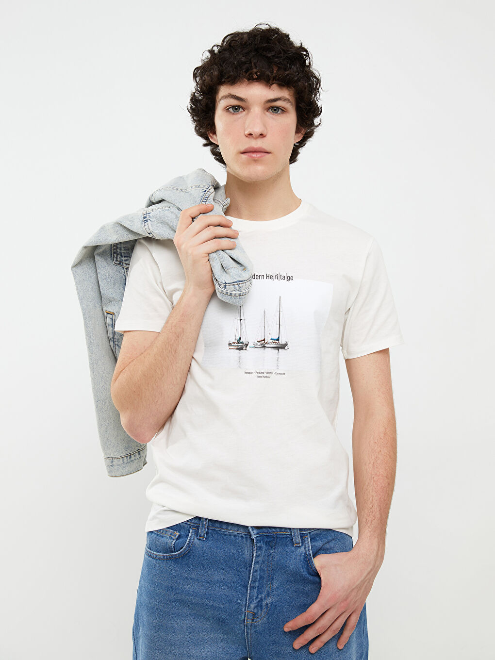 Ekru Bisiklet Yaka Kısa Kollu Baskılı Penye Erkek Tişört-2