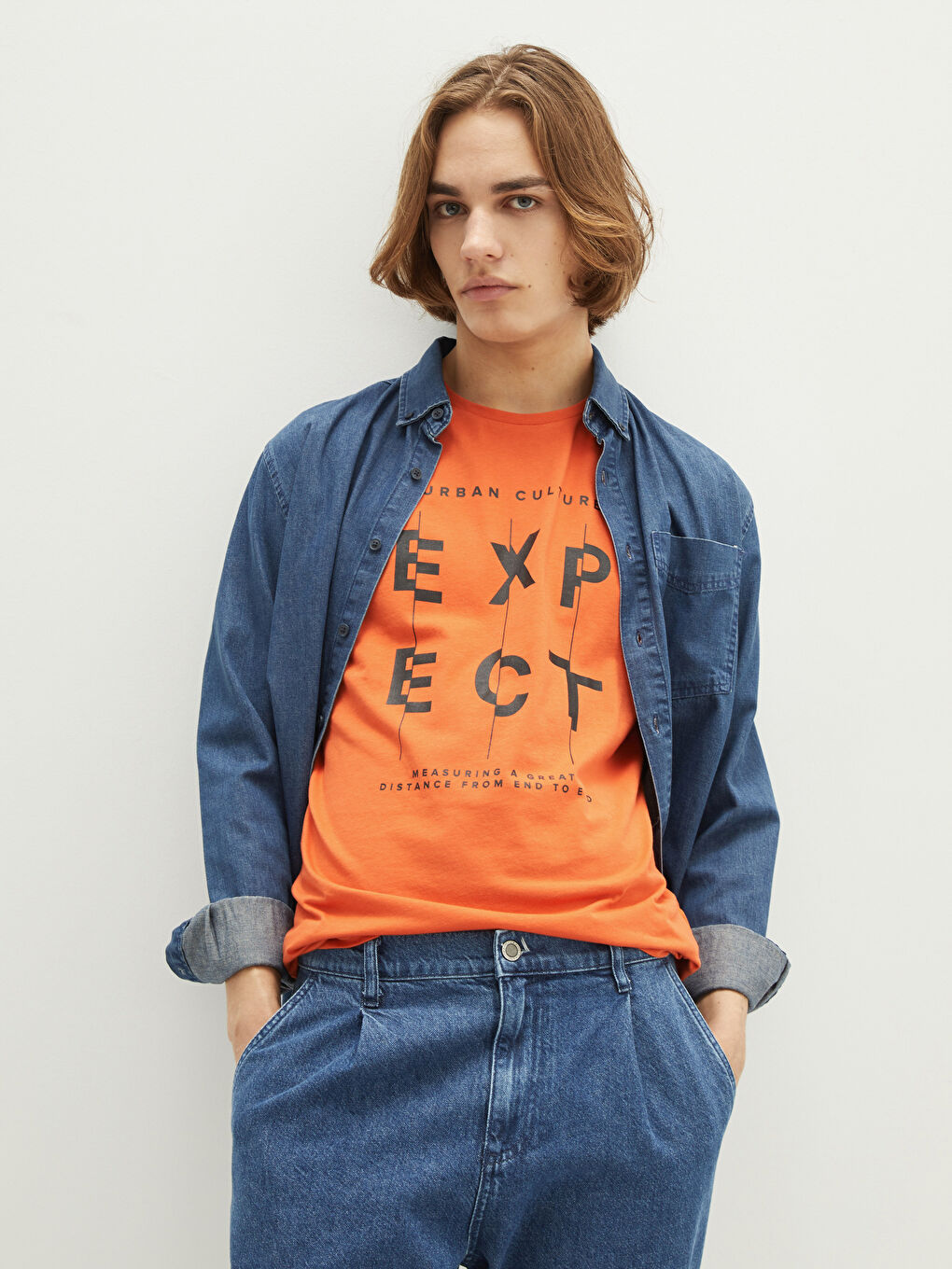 Turuncu Bisiklet Yaka Kısa Kollu Baskılı Penye Erkek Tişört