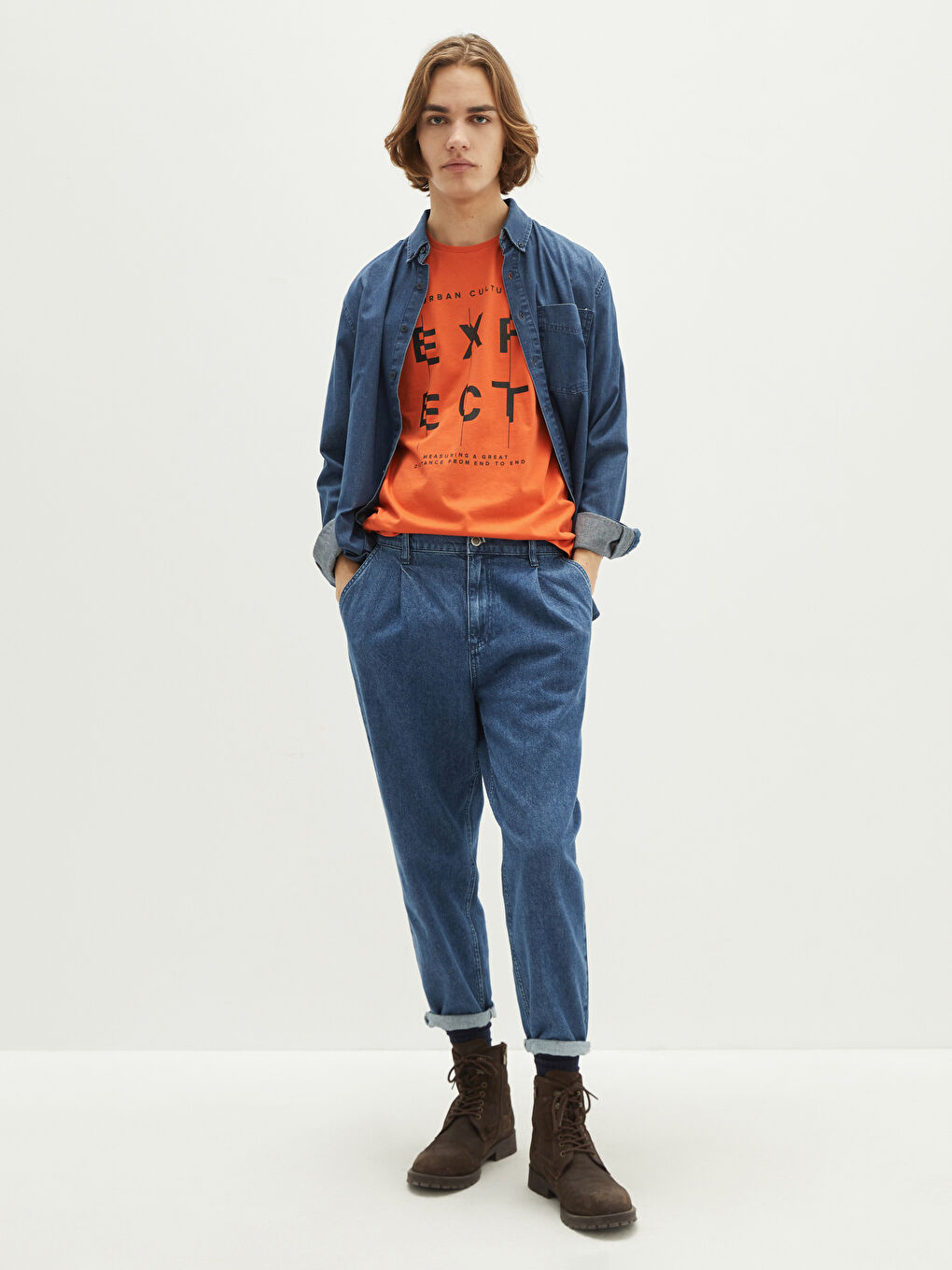 Turuncu Bisiklet Yaka Kısa Kollu Baskılı Penye Erkek Tişört-2