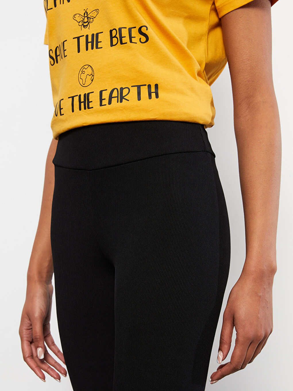 Siyah Kadın Beli Lastikli Düz Tayt-2