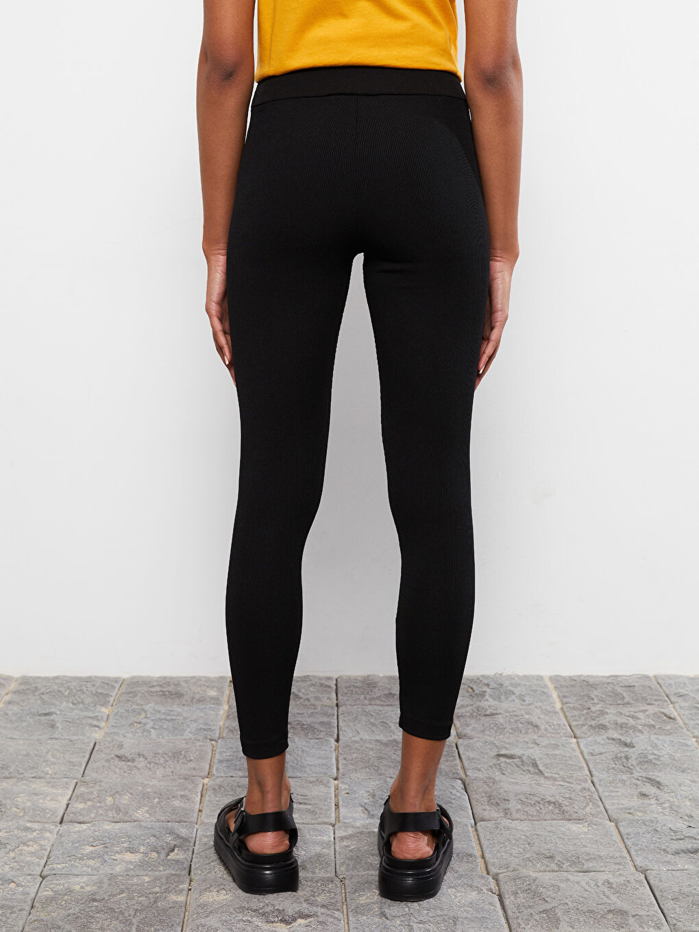 Siyah Kadın Beli Lastikli Düz Tayt-4