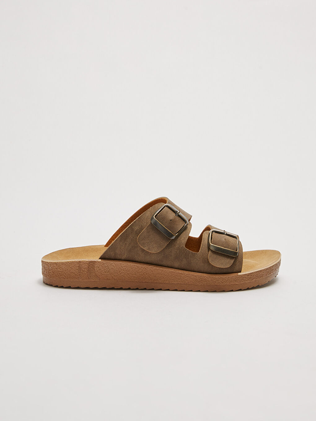 Kahverengi Çift Bantlı Toka Detaylı Kadın Terlik-1