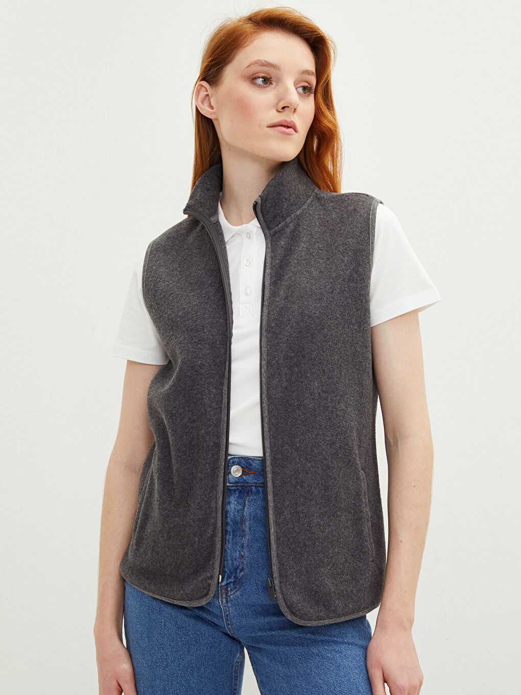 Antrasit Dik Yaka Düz Polar Kadın Yelek-1