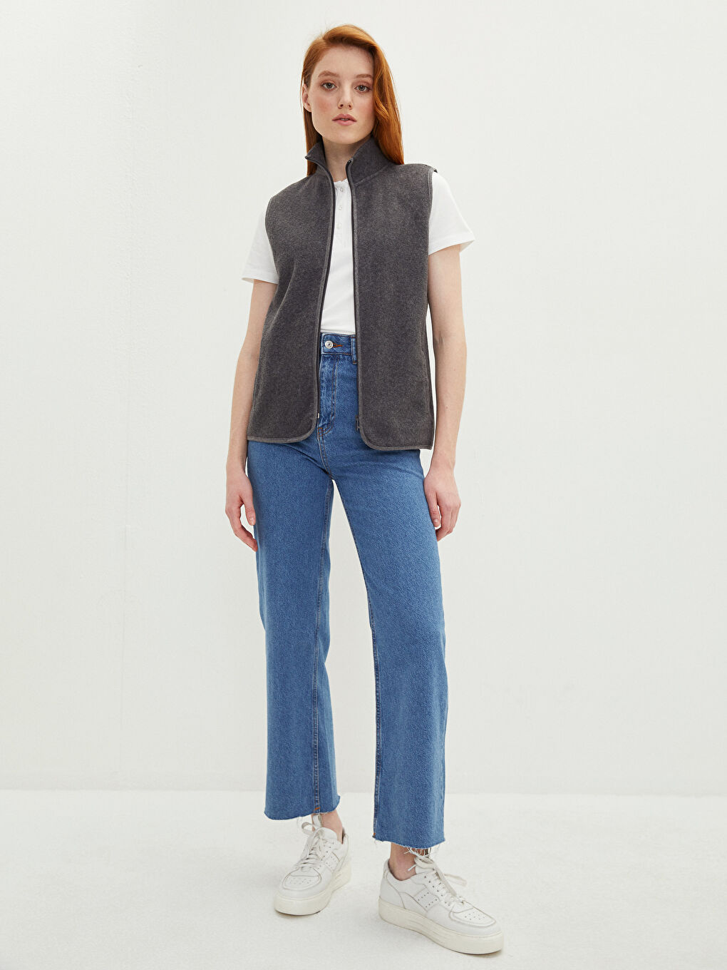 Antrasit Dik Yaka Düz Polar Kadın Yelek-2