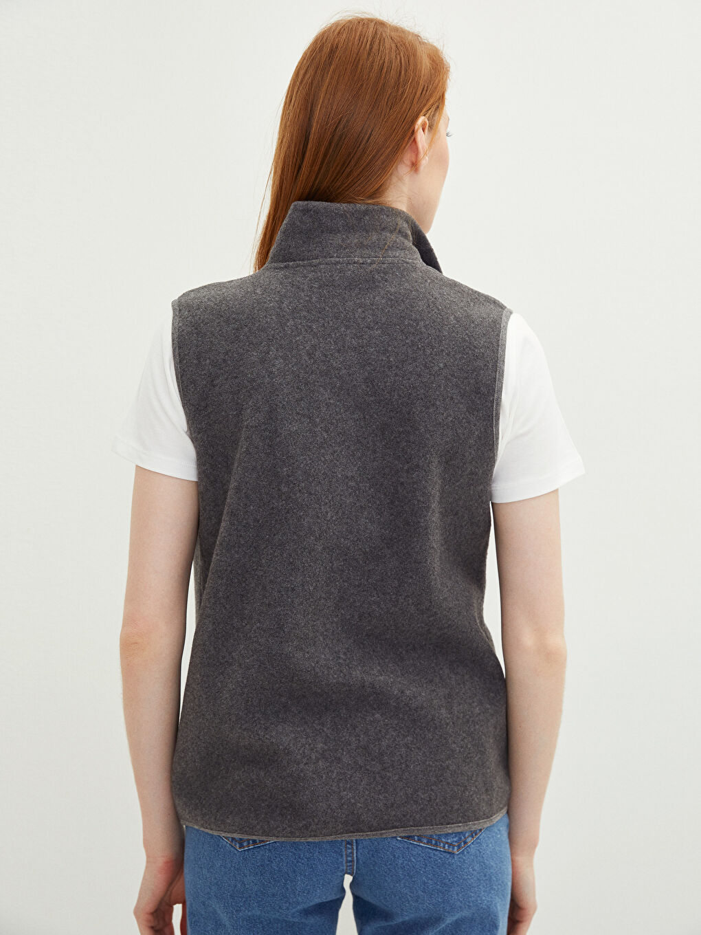 Antrasit Dik Yaka Düz Polar Kadın Yelek-4