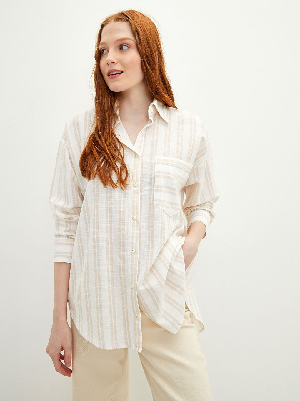 Cămașă pentru Femei din Bumbac cu Mâneci Lungi și Dungi cu Nasturi-1