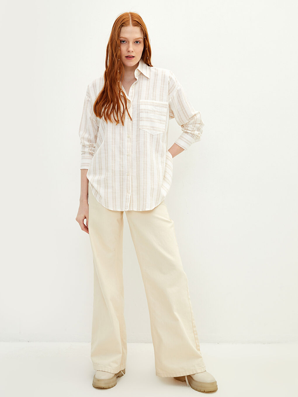 Cămașă pentru Femei din Bumbac cu Mâneci Lungi și Dungi cu Nasturi-3