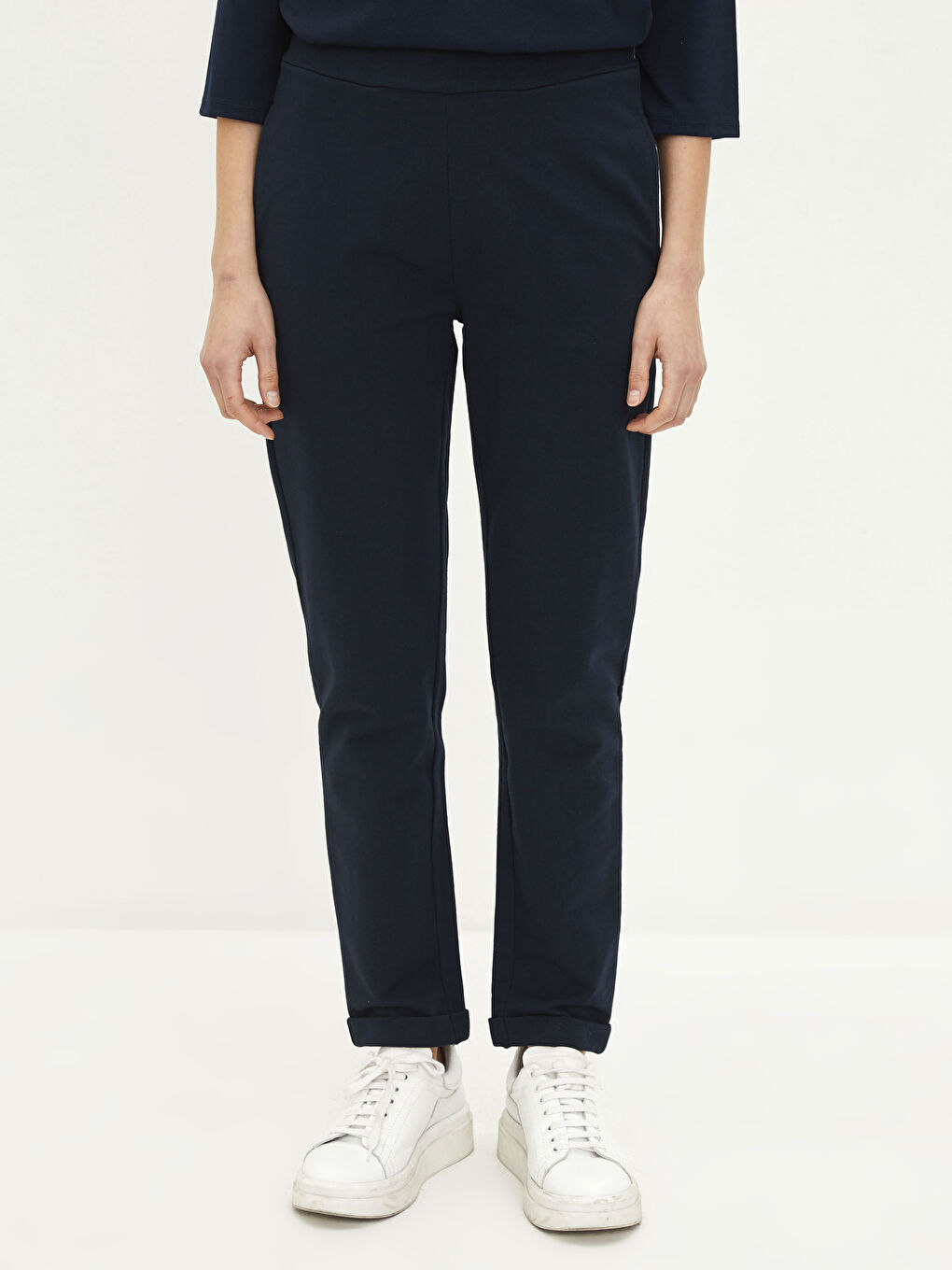 Lacivert Beli Lastikli Düz Pamuklu Kadın Eşofman Altı-2