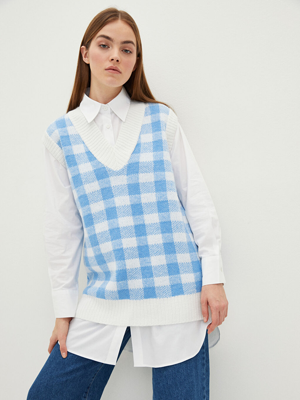 Mavi V Yaka Ekose Kadın Triko Süveter