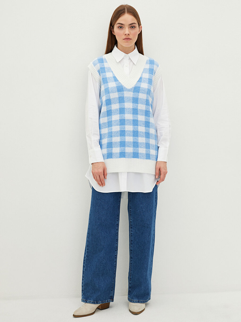 Mavi V Yaka Ekose Kadın Triko Süveter-2