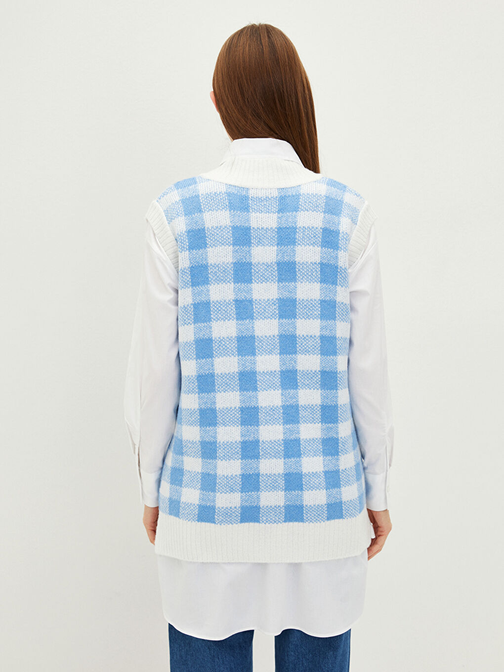 Mavi V Yaka Ekose Kadın Triko Süveter-4