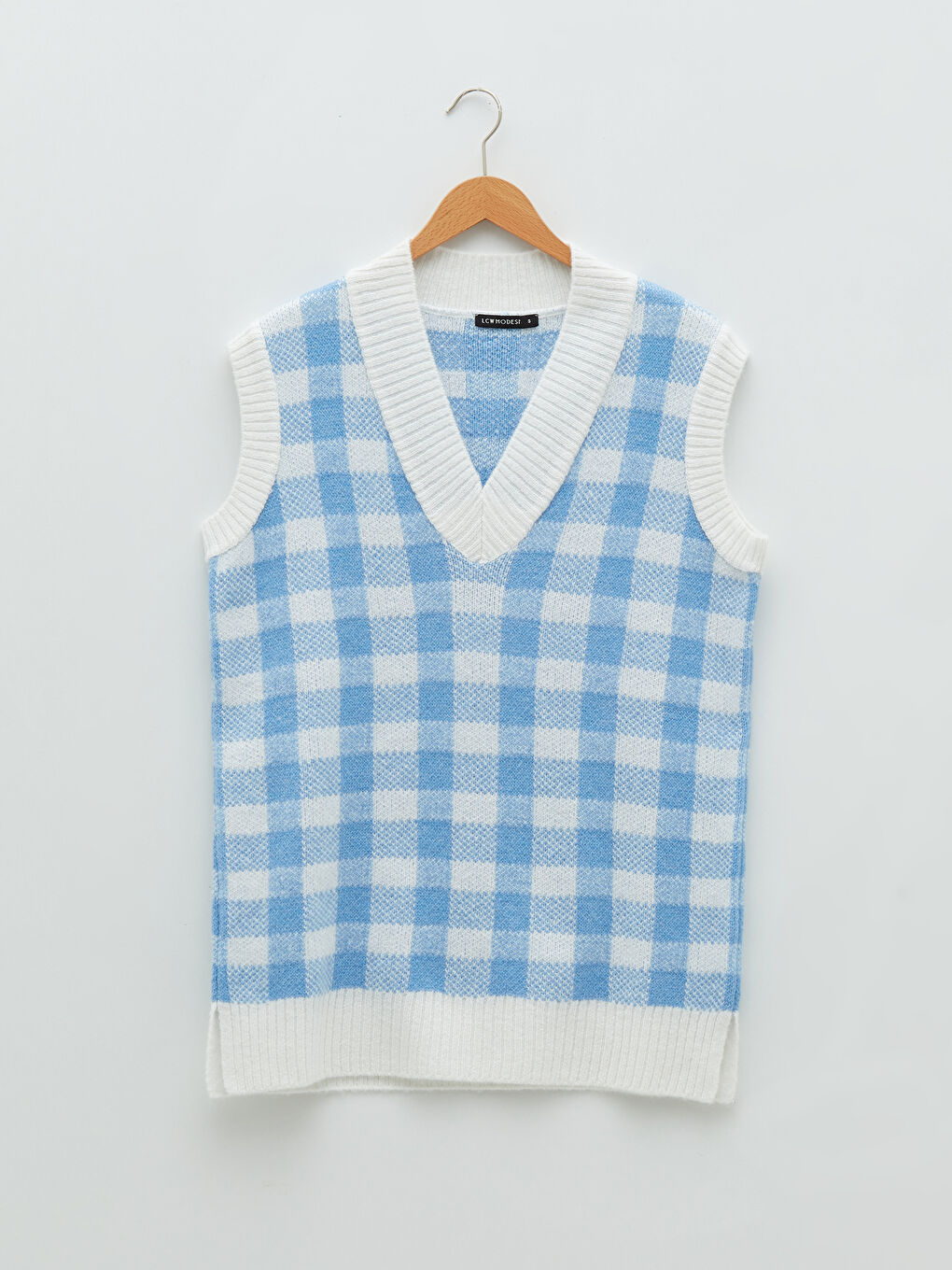 Mavi V Yaka Ekose Kadın Triko Süveter-5