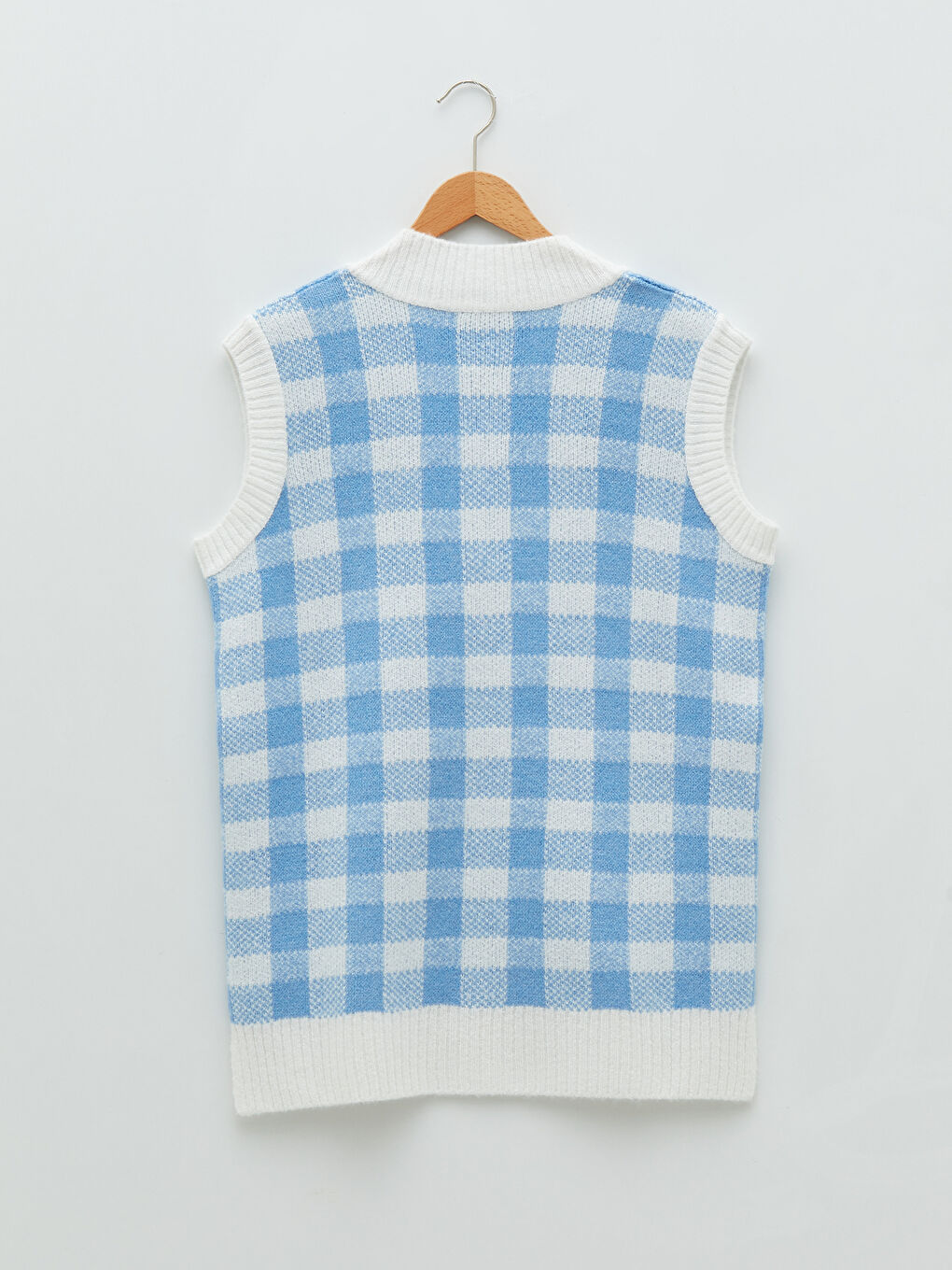 Mavi V Yaka Ekose Kadın Triko Süveter-6