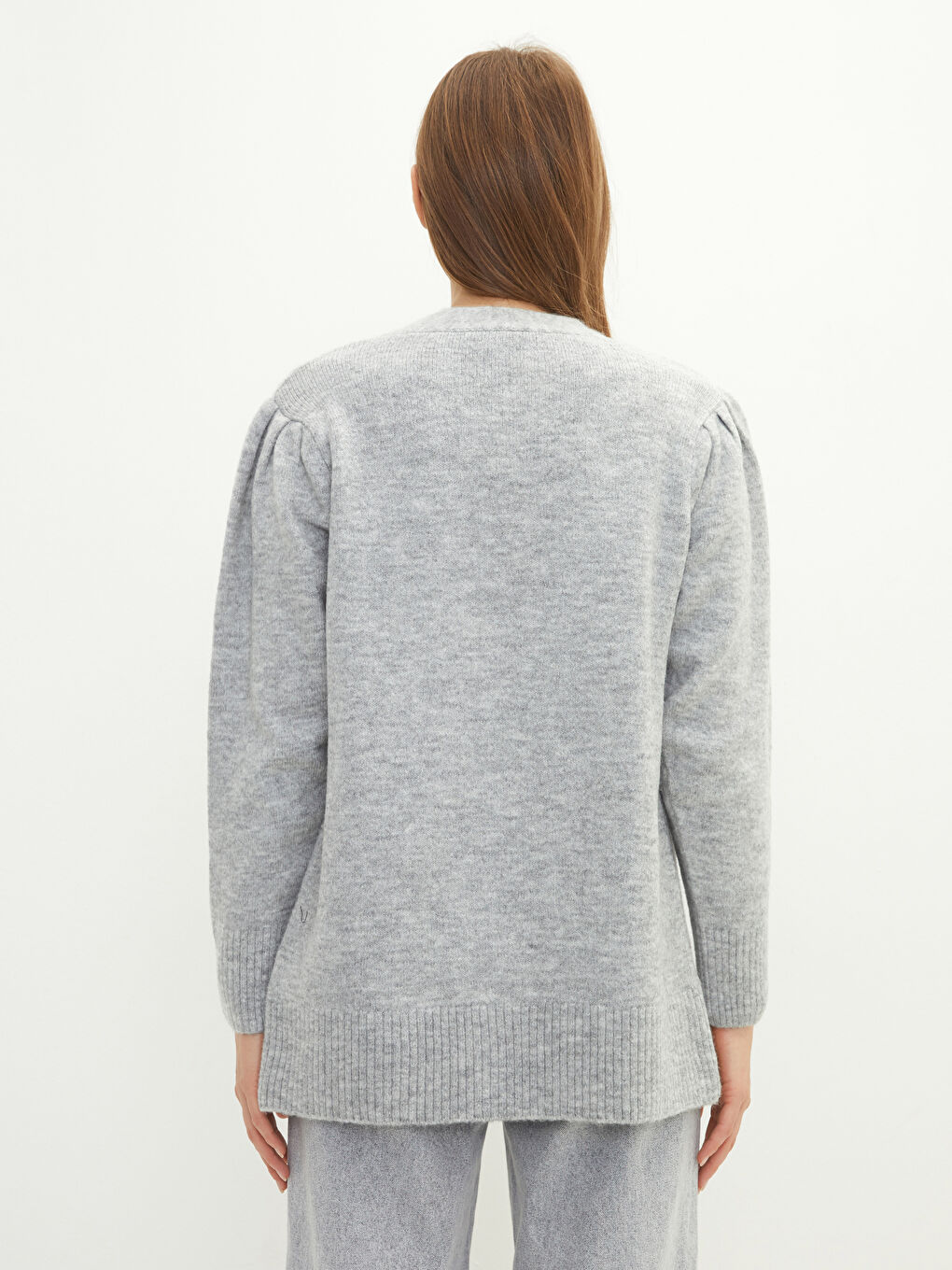 Gri V Yaka Kadın Triko Hırka-4