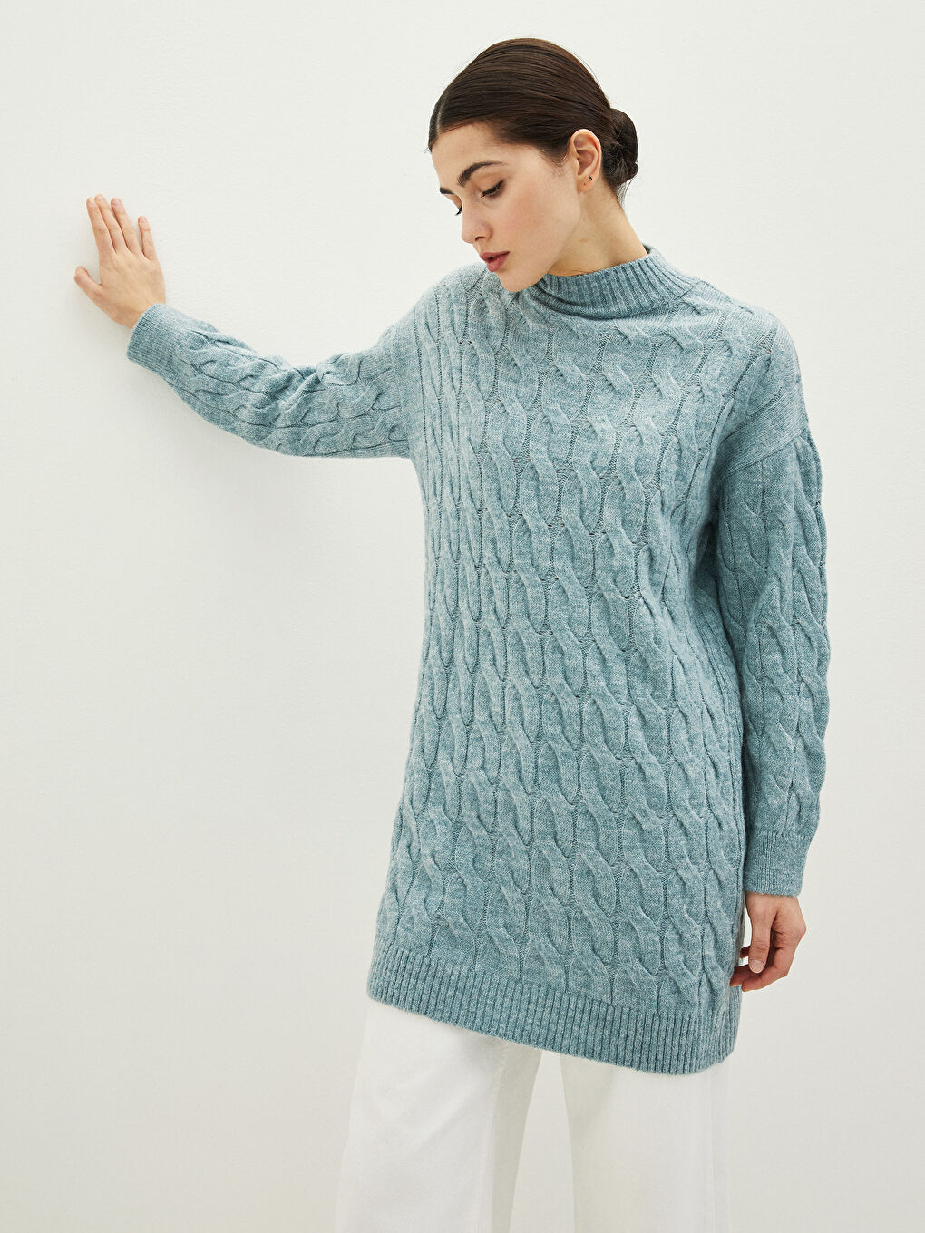 Half Turtleneck Patterned Long Sleeve Oversize Women's Knitwear Tunic