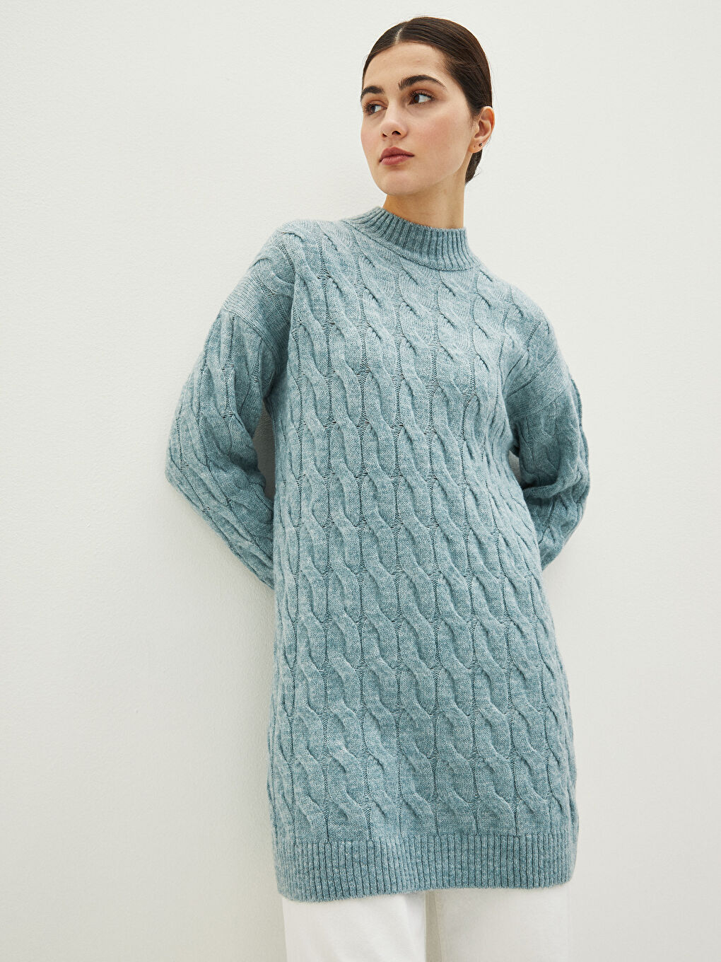 Half Turtleneck Patterned Long Sleeve Oversize Women's Knitwear Tunic-1