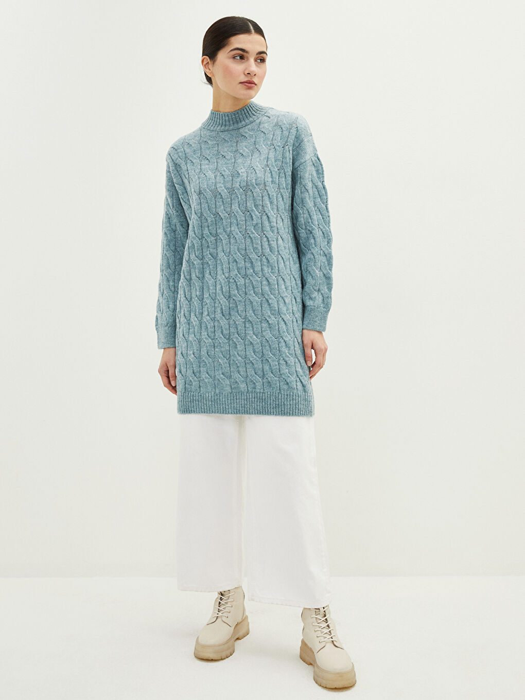 Half Turtleneck Patterned Long Sleeve Oversize Women's Knitwear Tunic-2